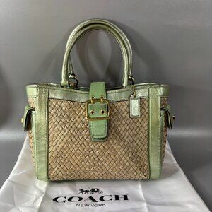 Coach # 4419 Natural Straws Seafoam Suede Leather Trim Buckle Closure Tote Bag